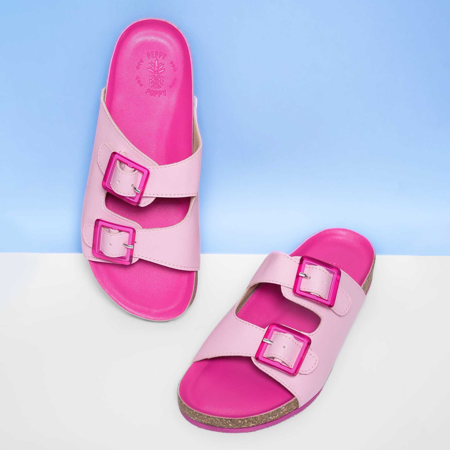Buckled Cork Sandals - Barbie Pink