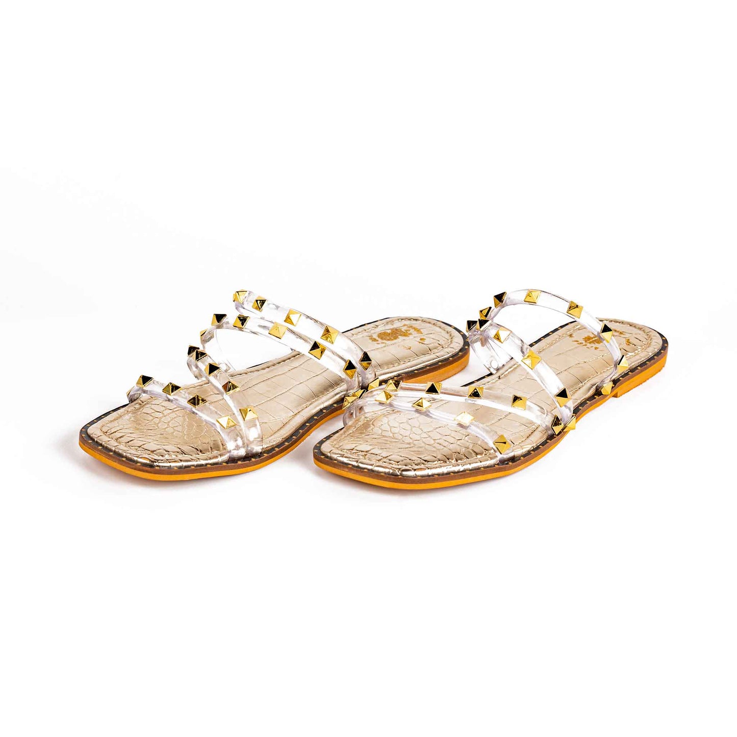 Pyramid Studded Transparent Strap Sandals - Champagne Gold