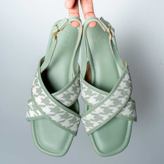 Criss Cross Houndstooth Sandals –  Sage Green