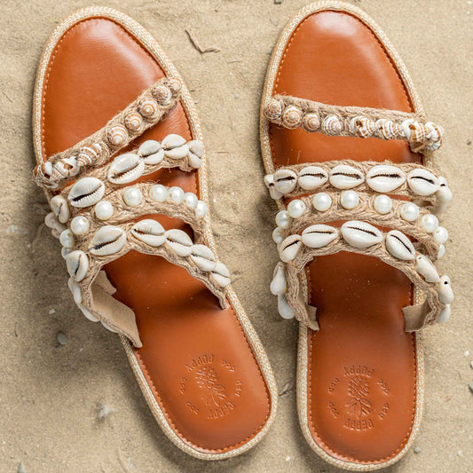 Strappy Jute Summer Flats Embellished With Shells